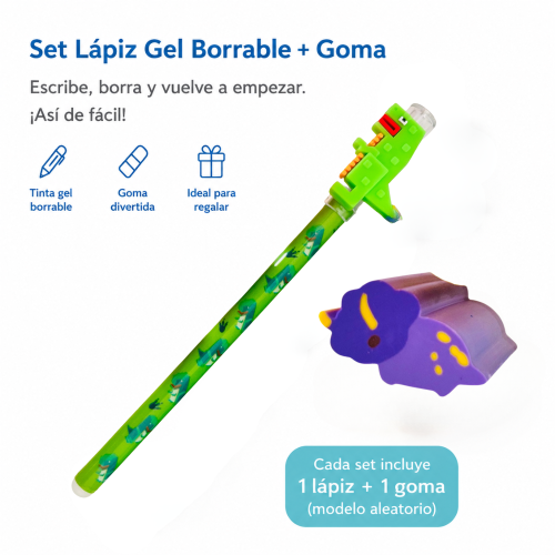 Set Lápiz Borrable + Goma Dinosaurio